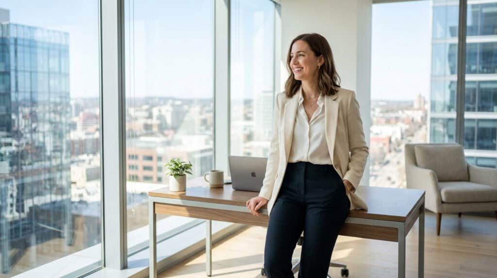 Confident woman in business attire standing by a desk in a modern office with large windows, symbolizing early investment and financial growth.