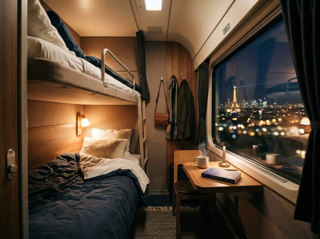 Train cabin interior with bunk beds, warm lighting, and a large window showing the Paris skyline at night. Perfect for travelers exploring France by train, offering comfort and scenic views.