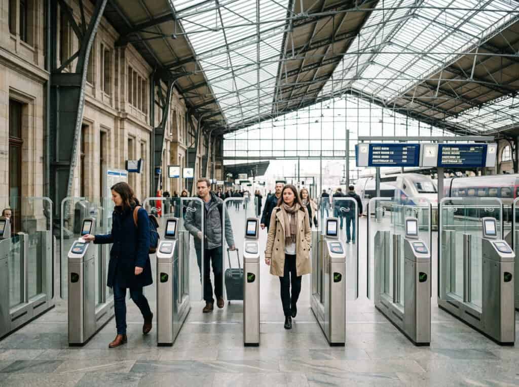 Modern train station with travelers passing through ticket barriers, glass roof, and digital information screens, illustrating travel convenience in France.