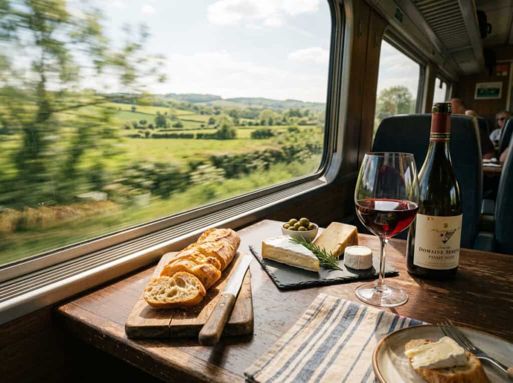 Enjoy French countryside views with wine and cheese on a train. Experience comfort and scenic beauty while traveling through France, perfect for tourists exploring the 2026 travel guide.