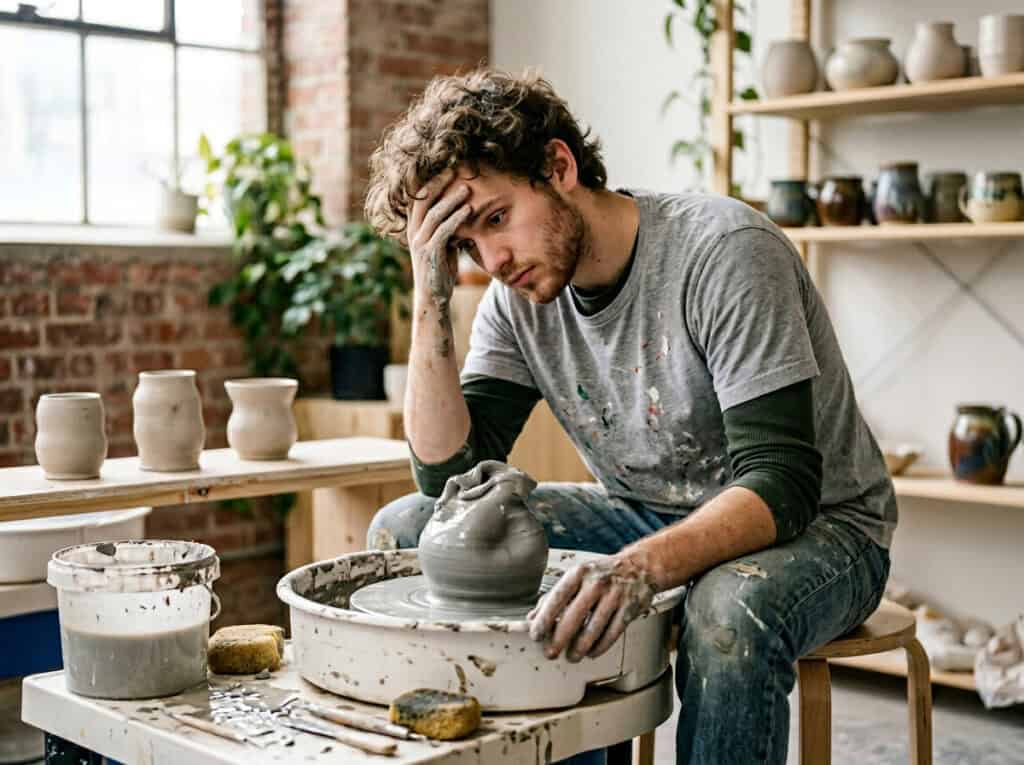 Young man with curly hair and casual clothing, sitting at a pottery wheel, looking thoughtful while shaping clay in a bright, rustic studio with shelves of pottery in the background.