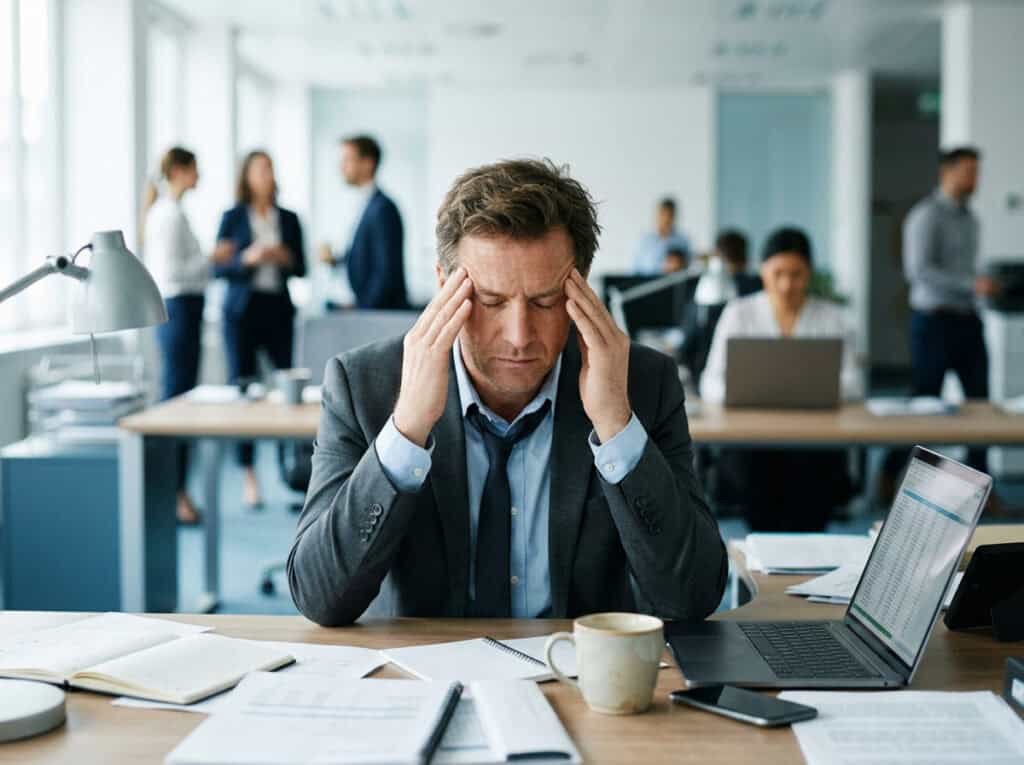 Is a DUI Embarrassing? Surviving the Emotional Fallout 3 Businessman experiencing stress and headache at work, surrounded by colleagues in a modern office environment.