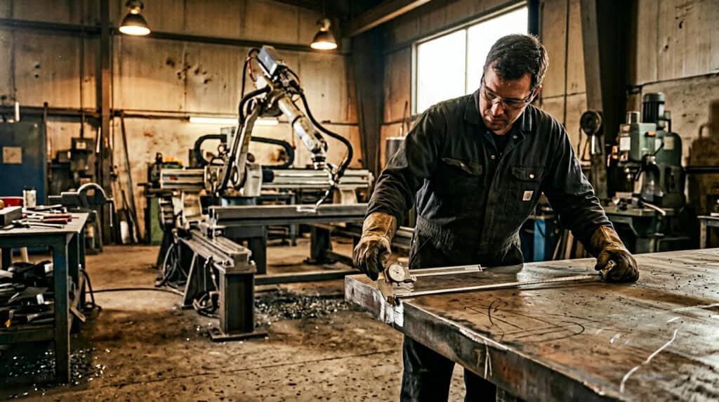An experienced worker operating a robotic welding arm in a factory setting, highlighting advanced automation in manufacturing industries.