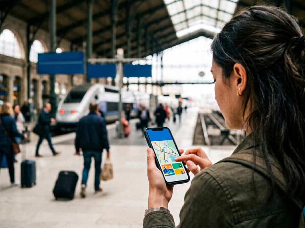 Woman using smartphone with train station background, planning her train journey in France, during daytime.