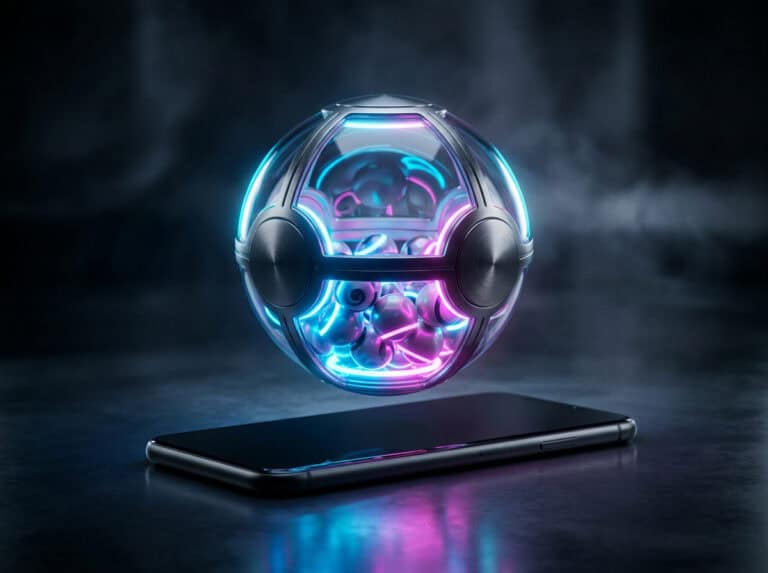 Neon-lit futuristic gaming device floating above a smartphone, highlighting modern gaming technology and innovation. The image emphasizes the connection between advanced gadgets and the resurgence of.