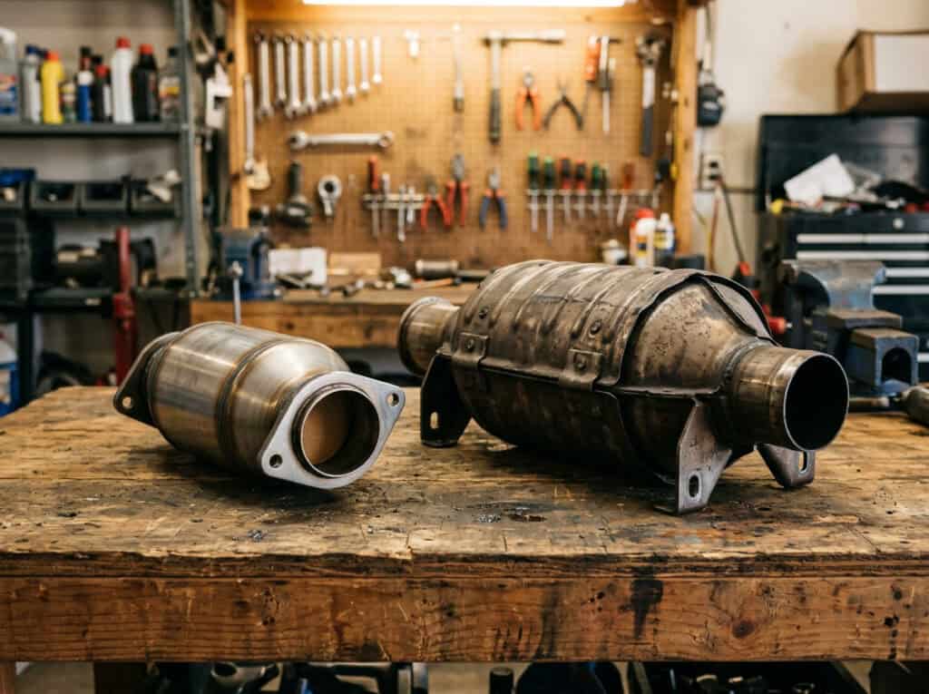 Catalytic Converter Scrap Prices: What Buyers Look For 4 Two catalytic converters on a workbench in an auto repair shop, highlighting scrap prices and buyer interest for catalytic converters.
