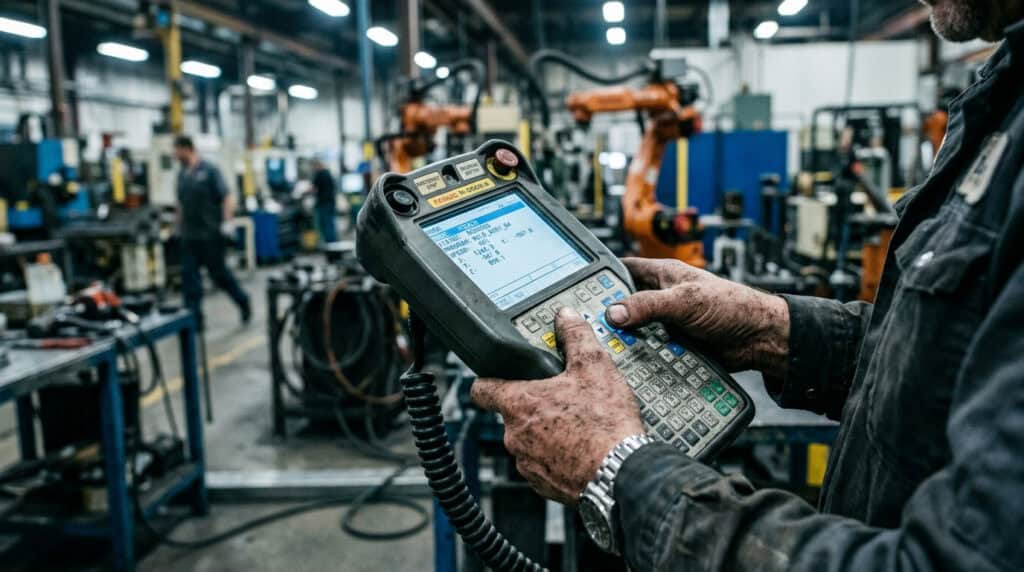 An industrial worker operating a robotic welding machine using a handheld control device in a manufacturing plant.