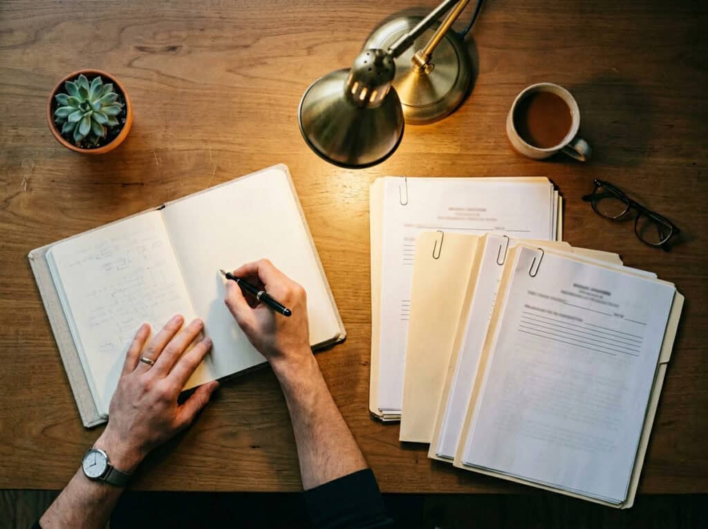 Is a DUI Embarrassing? Surviving the Emotional Fallout 5 A person is reviewing and taking notes in a notebook, surrounded by legal papers, a cup of coffee, glasses, a desk lamp, and a small potted plant.