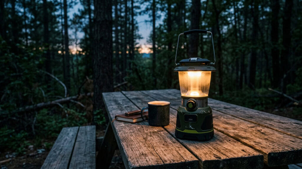 Bright camping lantern illuminating a wooden table in a forest setting for outdoor lighting. Perfect for camping setups, providing efficient and adjustable light without harsh lumens.