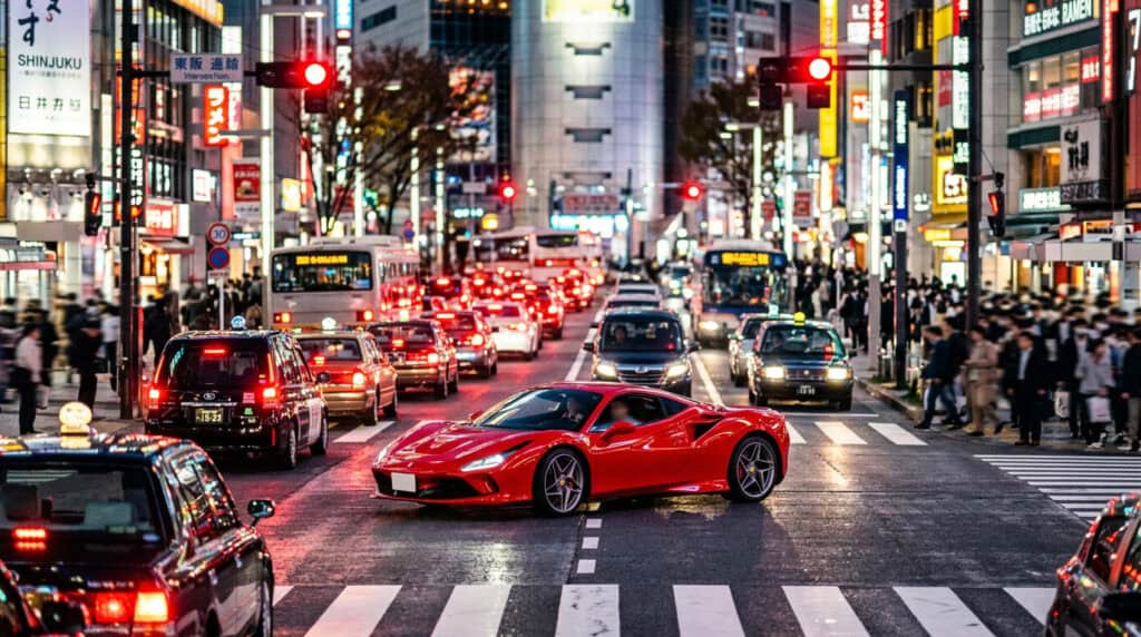 A sleek red sports car navigates through a crowded urban intersection filled with traffic and pedestrians, highlighting the contrast between vehicle safety and visibility in city driving.