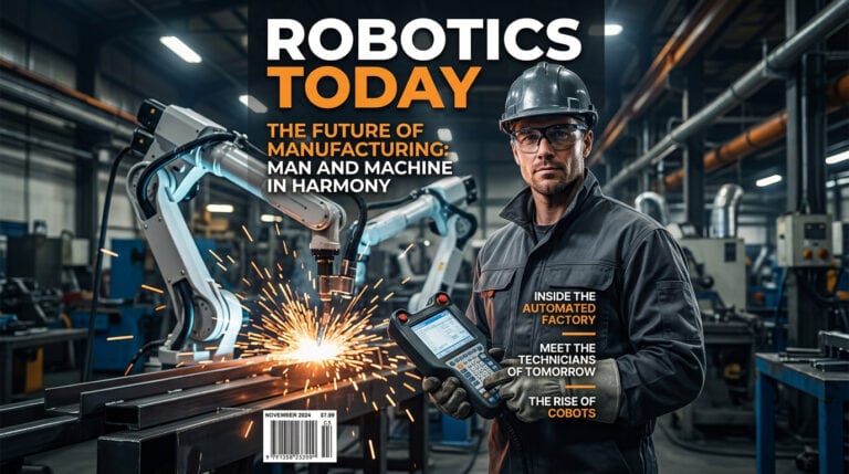 Skilled worker using robotic welding equipment in an automated factory, highlighting high-tech manufacturing jobs and future career opportunities in robotics and automation.