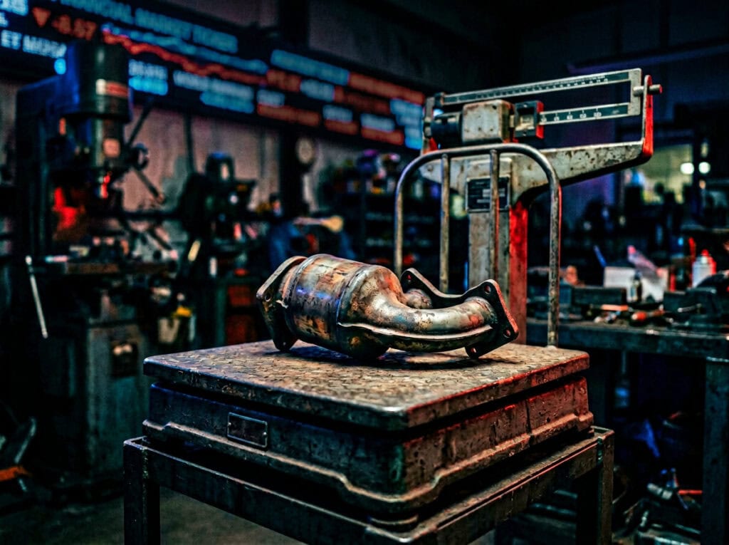 Catalytic Converter Scrap Prices: What Buyers Look For 5 Used catalytic converter placed on a scale in a scrapyard, highlighting the importance of scrap prices and buyer preferences for catalytic converters.