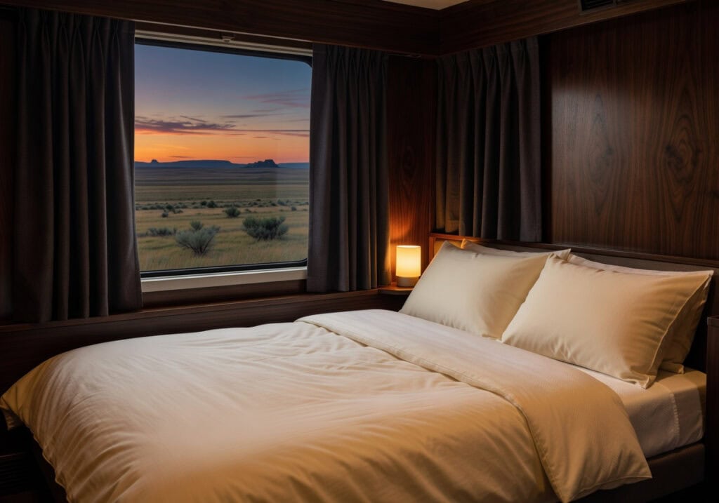 Comfortable train cabin with large window showcasing a beautiful sunset over open plains, perfect for travelers exploring Canada by train.