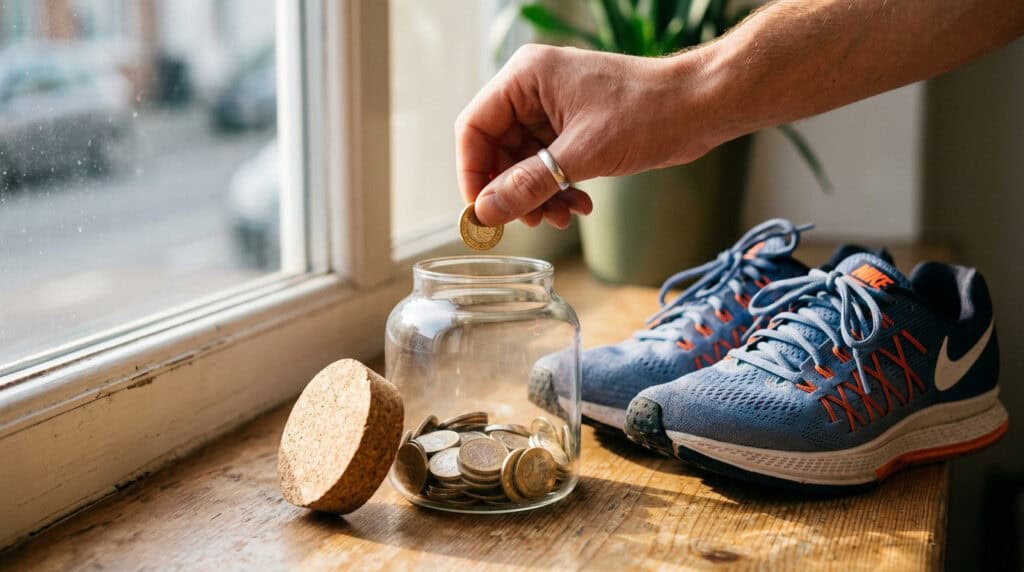 A person saving coins in a glass jar on a windowsill, symbolizing the importance of early investment and compound interest for financial growth.