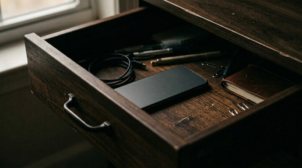 Open desk drawer with neatly arranged office supplies including a notebook, pens, and electronic devices, promoting a clutter-free workspace for relaxation after work.