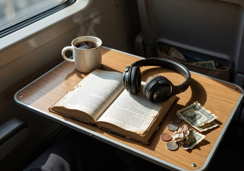 Comfortable reading setup with a steaming coffee, open book, headphones, and cash on a train tray table.