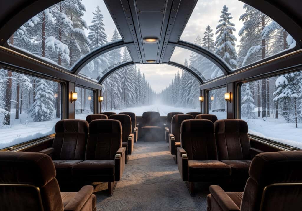 Cozy train carriage with plush seats overlooking snowy forest landscape during winter in Canada. Perfect for travelers exploring across Canada by train.