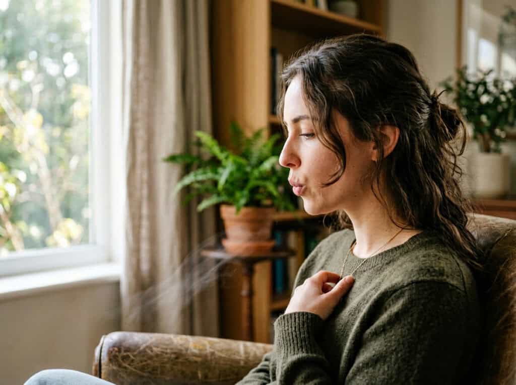 Woman vaping indoors in a cozy living room, demonstrating discreet vaping techniques for stealthy use.