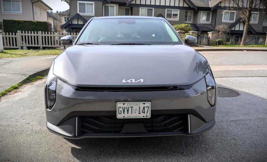 Electric Kia EV4 Wind Premium front view with Ontario license plate.