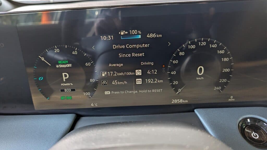Digital dashboard of the 2026 Nissan Leaf SV+ showing battery status, driving range, and efficiency metrics for eco-friendly electric driving.