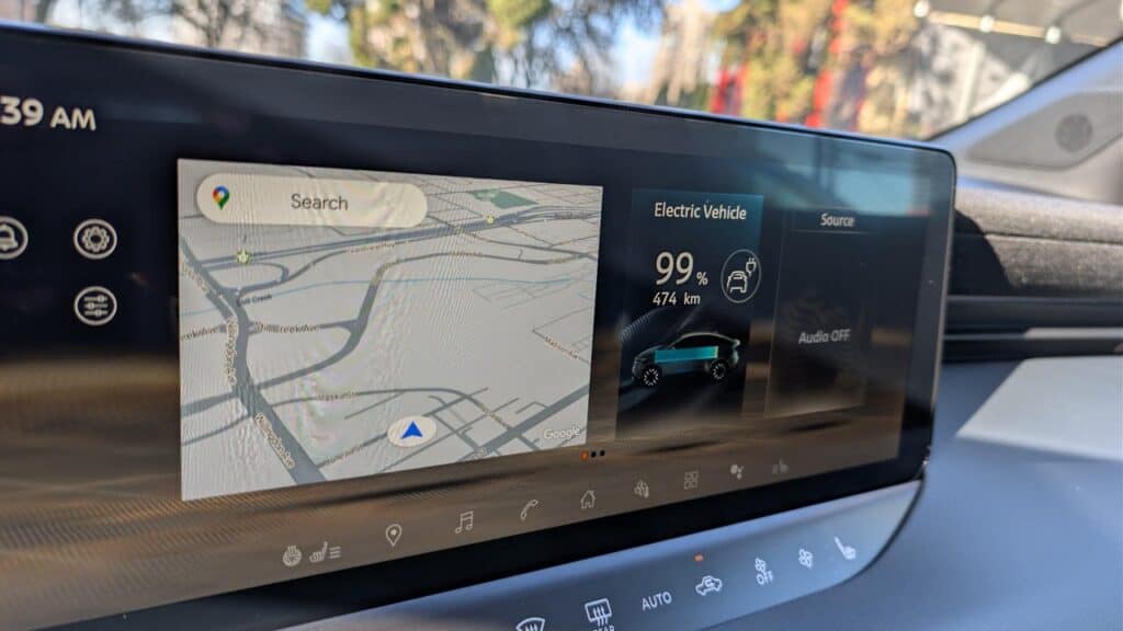 Interior dashboard of the 2026 Nissan Leaf SV+ showing navigation and vehicle information.