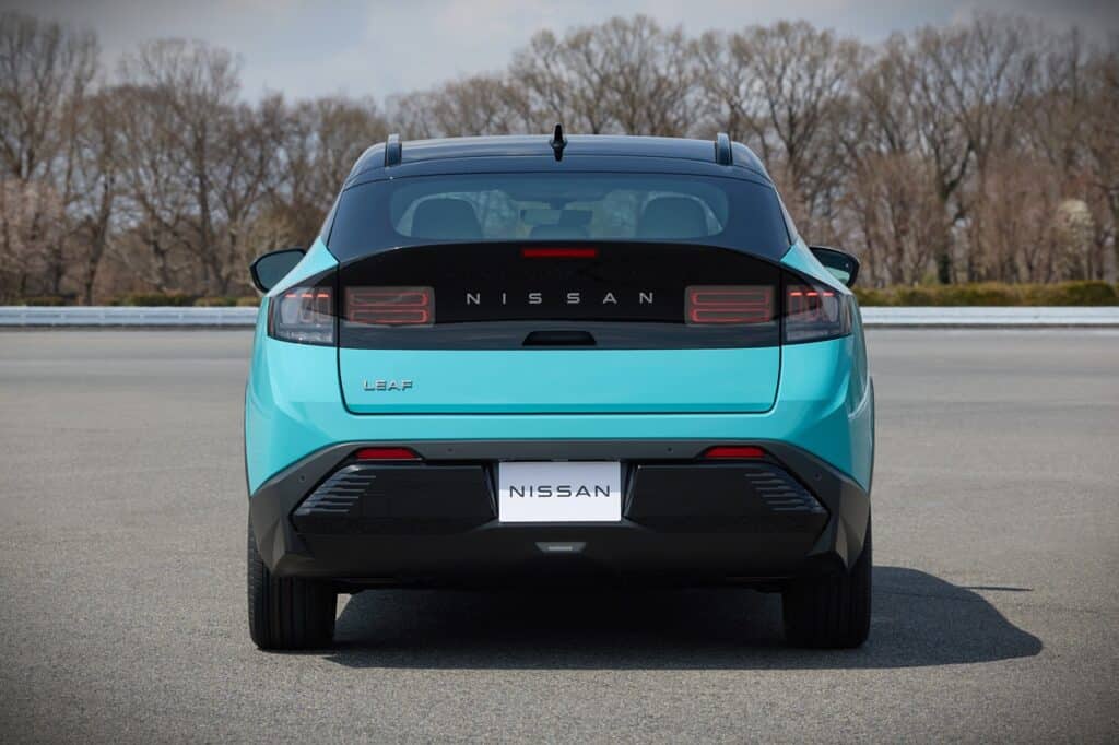 Rear view of the 2026 Nissan Leaf SV+ electric vehicle showcasing modern design and aerodynamic features.