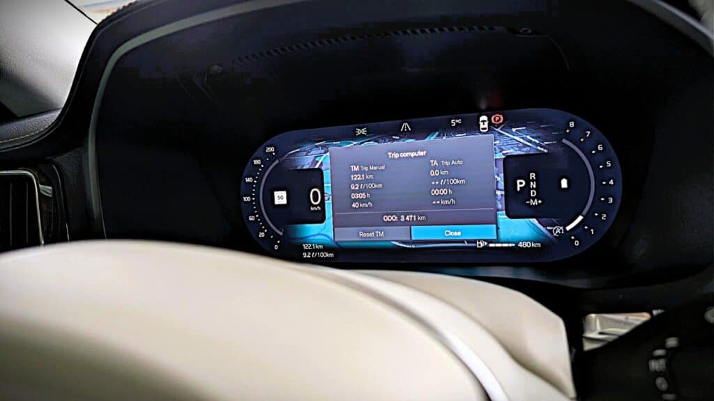 High-resolution image of the 2026 Volvo V60 Cross Country B5 digital instrument cluster showing speed, fuel, and trip information for enhanced driving experience.