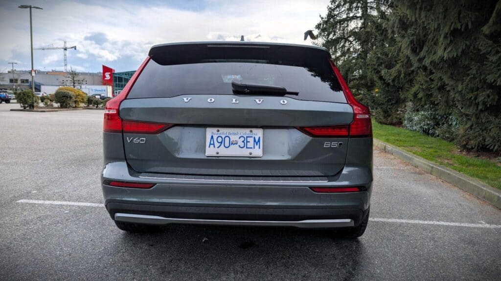 Rear view of the 2026 Volvo V60 Cross Country B5 showcasing its modern design and rugged appeal.