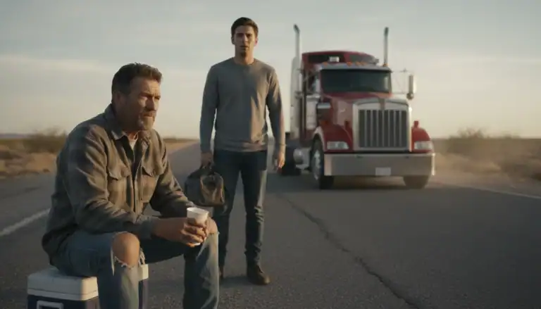 Driver and passenger taking a break on the road with a large semi-truck in the background, highlighting trucking industry challenges and driver shortages.