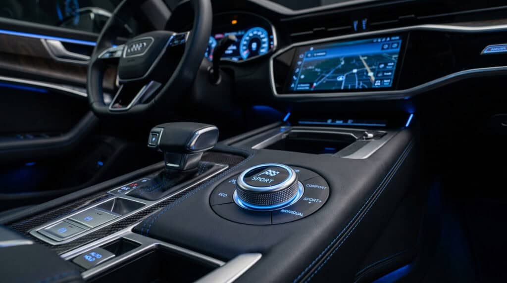 Interior of a modern Audi vehicle featuring a digital dashboard, advanced controls, and sleek design elements for a premium driving experience.