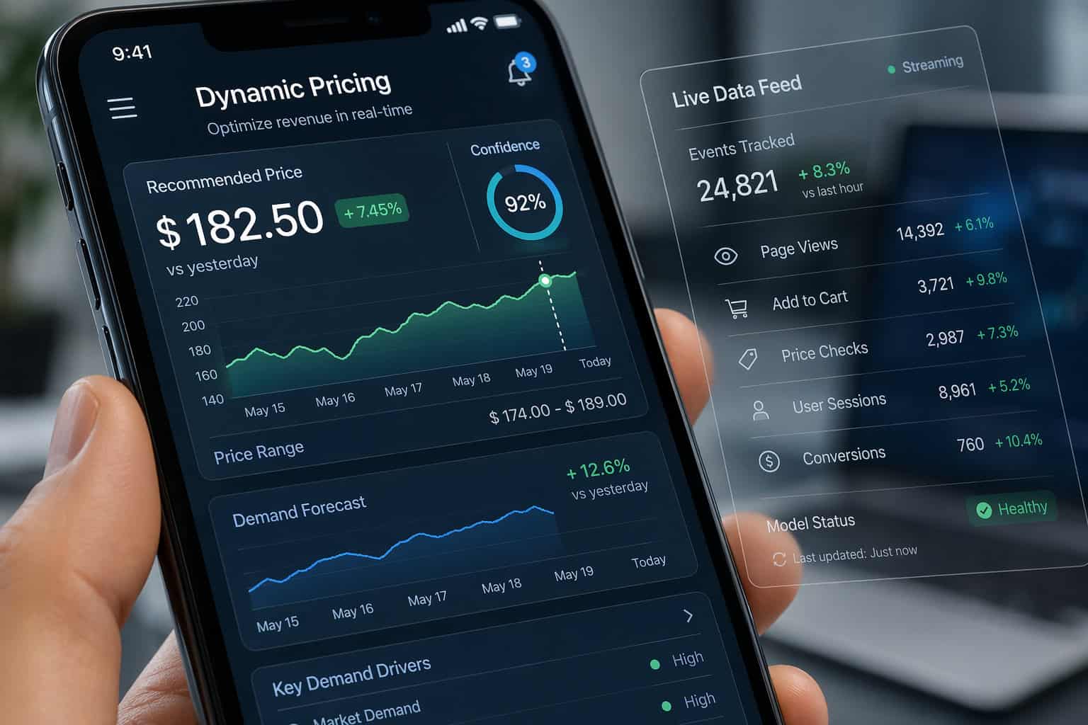A smartphone screen showing algorithmic pricing data and consumer financial disclosures.