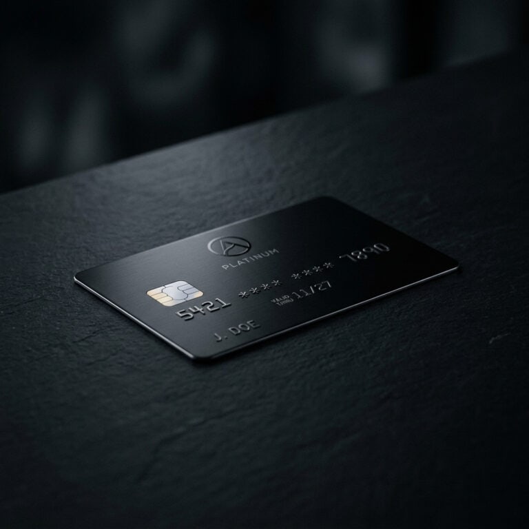 Close-up of a sleek black platinum credit card with embossed details, placed on a dark textured surface, highlighting premium financial products.