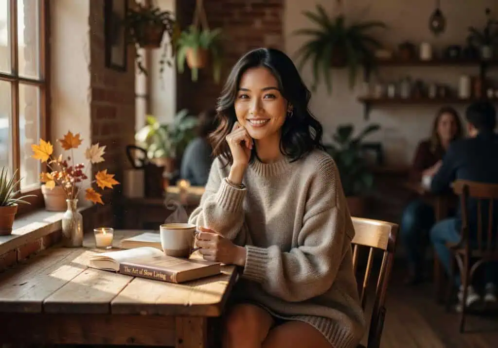 A smiling young woman enjoying coffee at a cozy café, surrounded by warm lighting, autumn decorations, and a relaxed atmosphere.