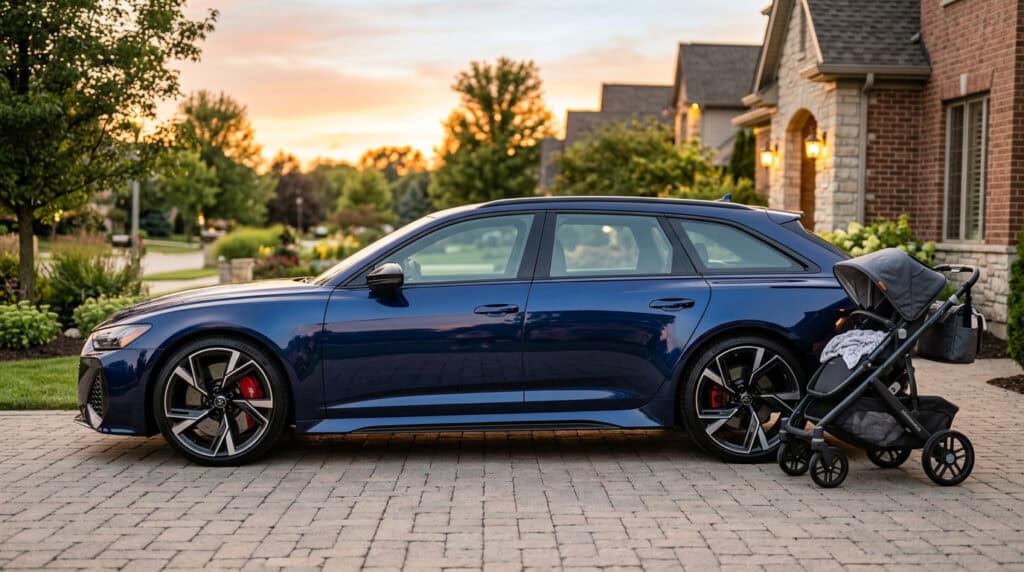 Blue station wagon with sleek design parked on a brick driveway in a residential neighborhood.