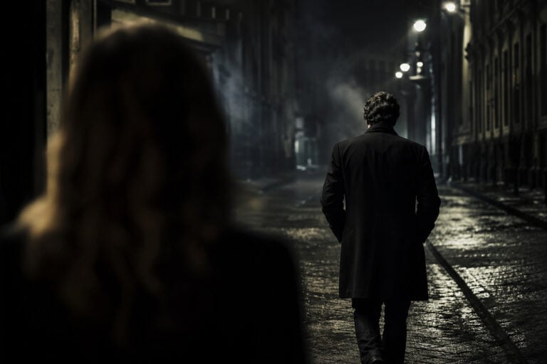 A man in a dark coat walking alone on a dimly lit, wet city street at night, with a blurred woman in the foreground, creating a moody and mysterious atmosphere.