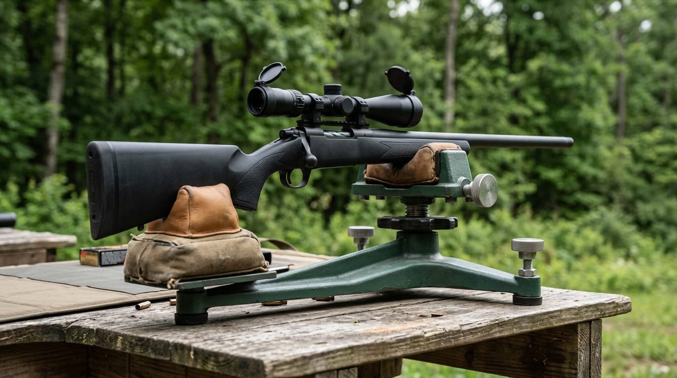 High-quality scoped precision rifle mounted on a shooting rest, set on a wooden table outdoors with a lush green forest background, ideal for target shooting or hunting enthusiasts.