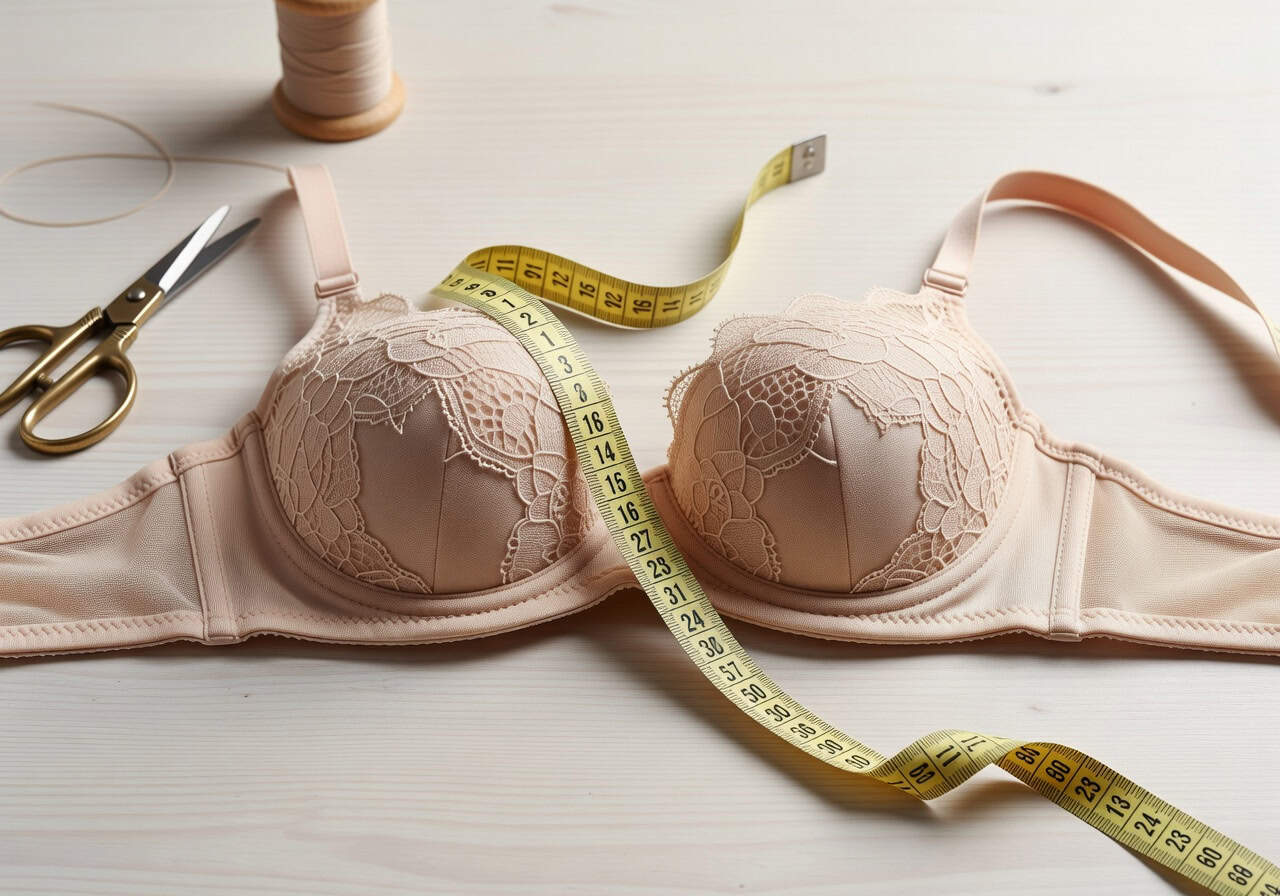 A soft fabric measuring tape resting playfully on a structured bra representing accurate garment sizing.