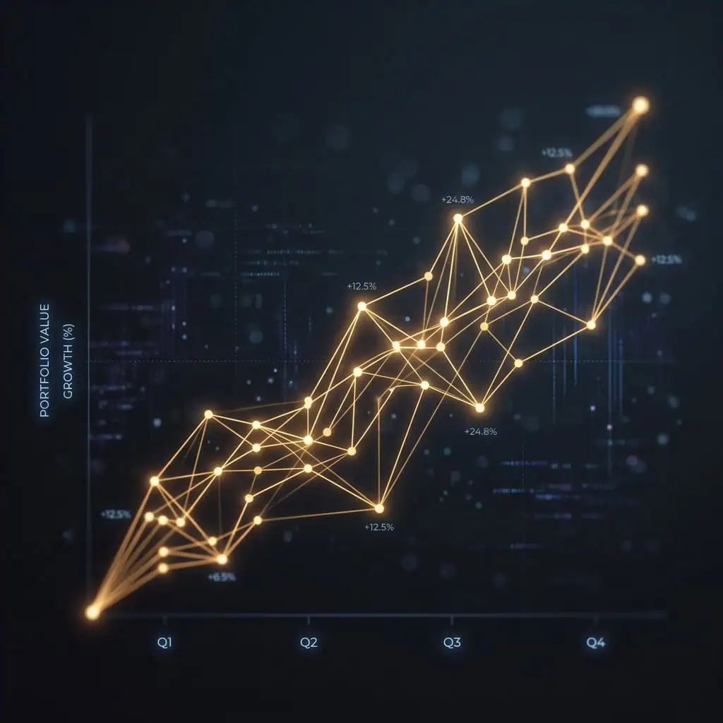 Digital line graph illustrating market growth and profit increase over four quarters, highlighting upward trends and data points for business analysis.