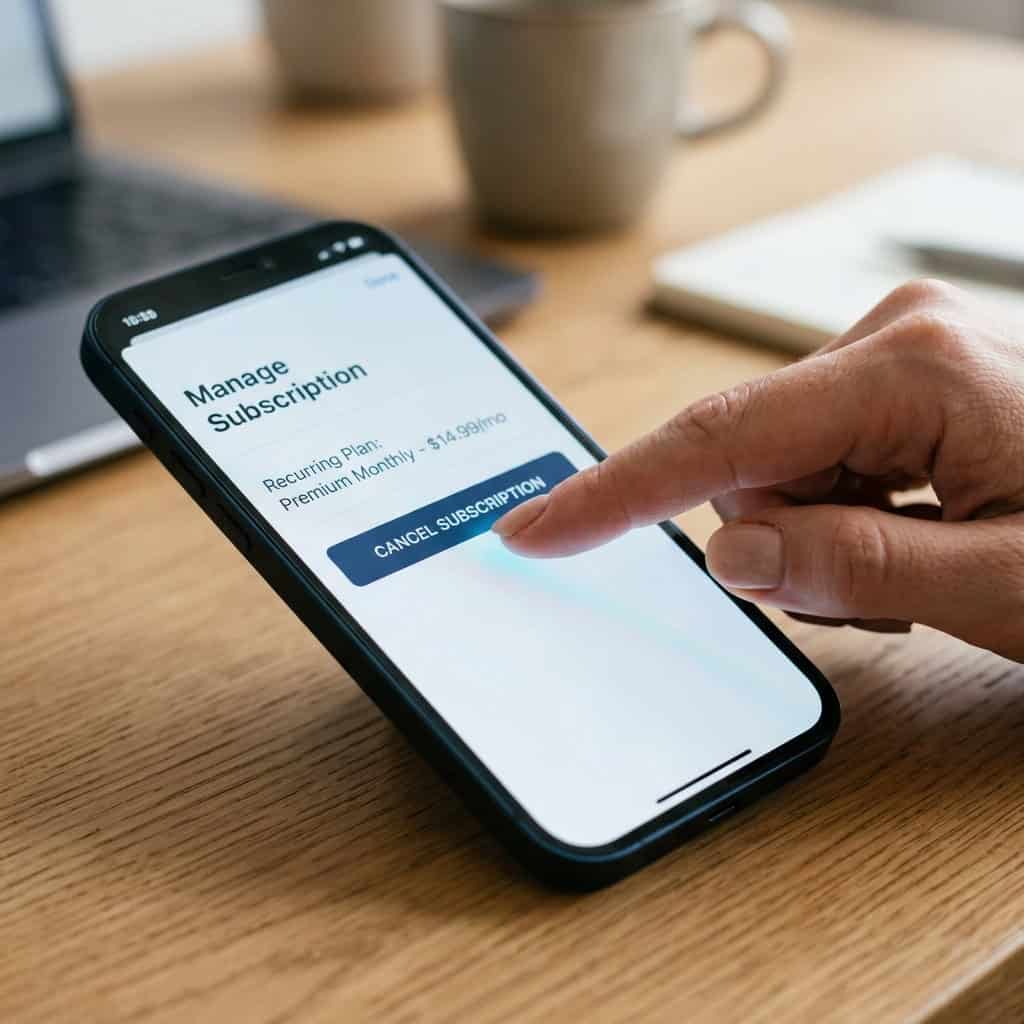 Close-up of a person managing a subscription on a smartphone, showing a "Cancel Subscription" button, with a wooden desk and coffee mug in the background.