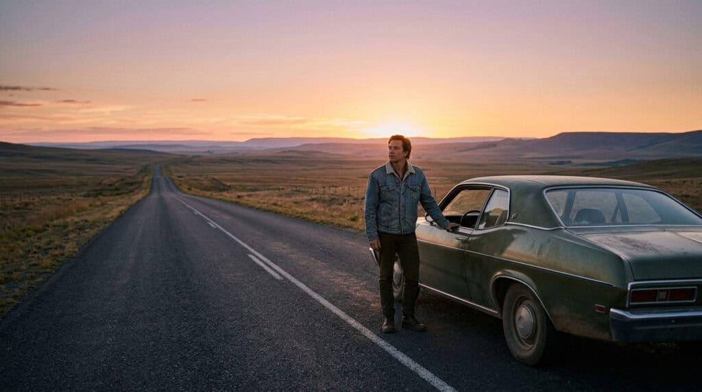 An image of a man standing beside a classic vintage car on an empty road during sunset, symbolizing freedom, adventure, and introspection. Perfect for content related to travel, lifestyle, or personal.