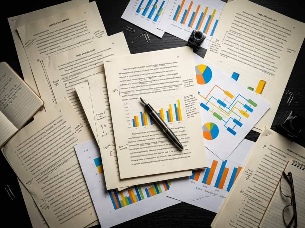 A collection of financial reports, charts, and graphs with a pen and glasses on a dark desk, illustrating data analysis and business performance.