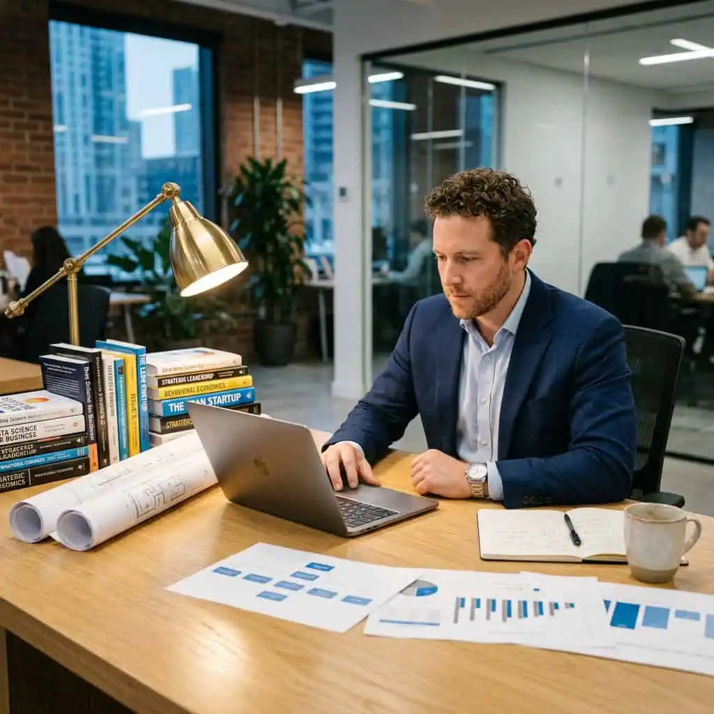 Business professional working on a laptop at a desk in a modern office environment with large windows and city view.