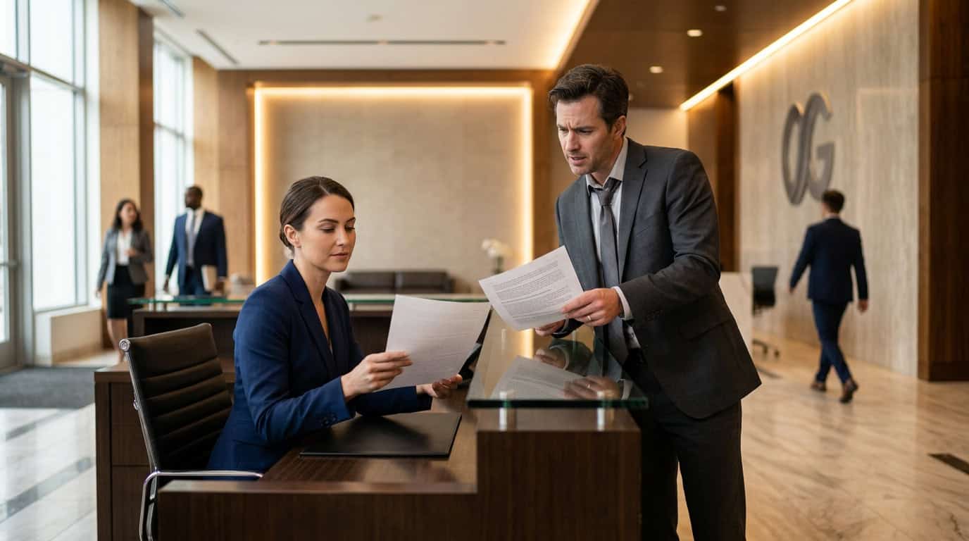 Business professionals discussing documents in a modern corporate lobby, emphasizing professional networking, corporate environment, and business collaboration.