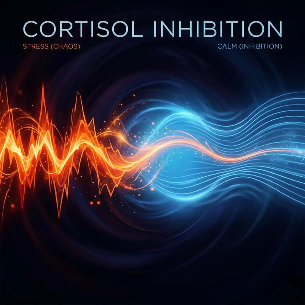 Visual representation of cortisol inhibition with contrasting stress and calm states, highlighting the impact of stress on the body and the importance of managing cortisol levels.
