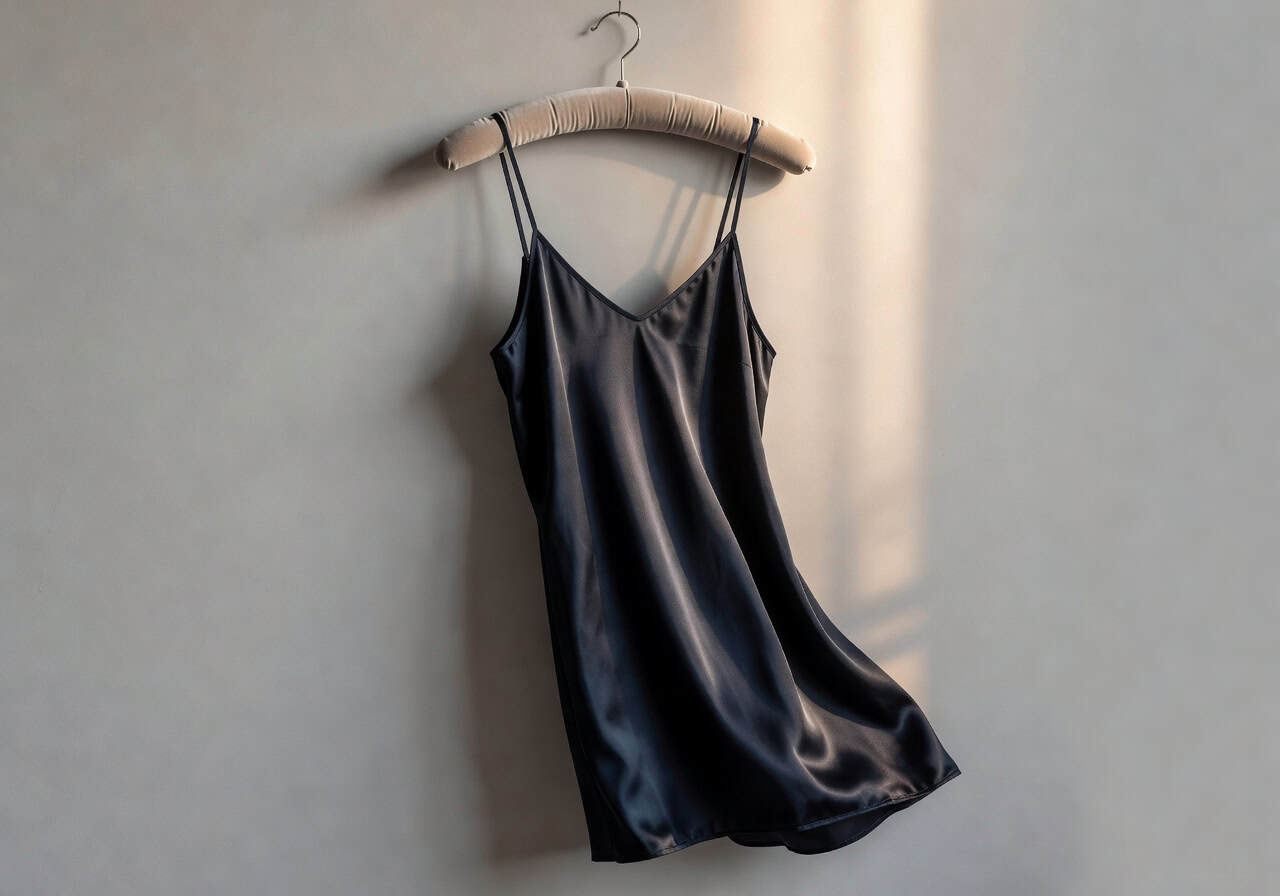 An elegant dark silk chemise hanging neatly against a neutral gray background.