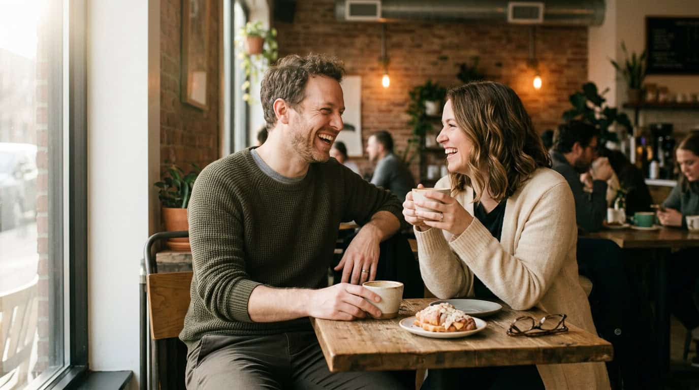 A smiling man and woman enjoying coffee together in a warm, inviting café setting. They are engaged in conversation, with a plate of pastries on the table, creating a friendly and relaxed atmosphere.