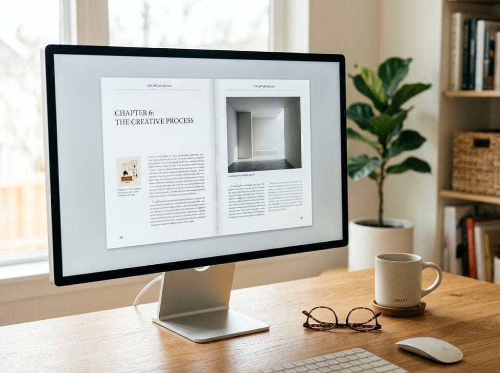 High-resolution image of a computer monitor displaying a book layout, with a cozy home office background including a plant, mug, and glasses, emphasizing digital publishing and editing.