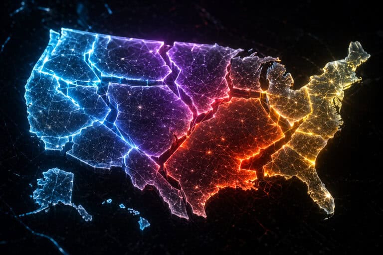 Neon-lit map of the United States highlighting different regions with colorful electric lines, representing connectivity and technological innovation across the country.
