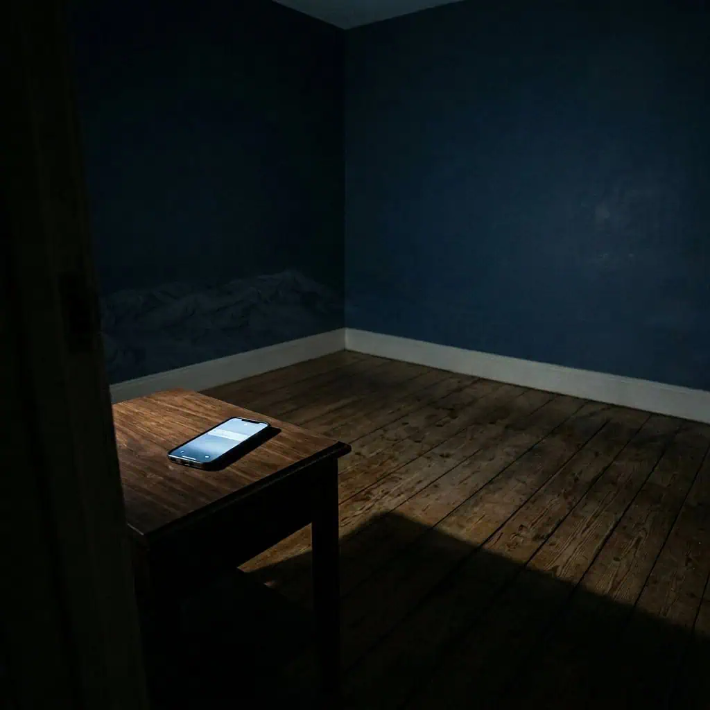 A dimly lit, empty room featuring blue walls, a wooden floor, and a small wooden table with a smartphone placed on it. The room appears quiet and unused, with minimal decor and natural shadows cast ac.