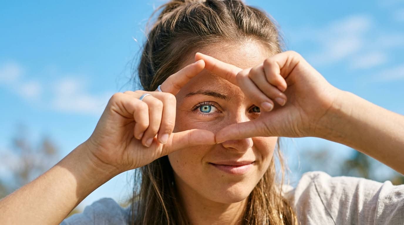 Young woman with blue eyes holding her hands in a frame shape, smiling, against a bright blue sky background.